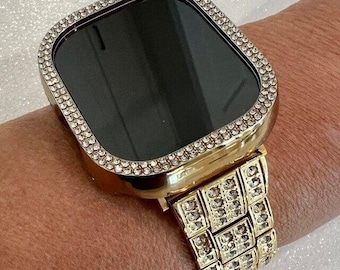 Series 10 Apple Watch Band Gold Stainless Steel Swarovski Crystal & or Apple Watch Cover Lab Diamond Bezel Iphone Watch Case 38mm-49mm Ultra
