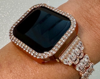 Series 10 Apple Watch Band Women Rose Gold Swarovski Crystals & or Apple Watch Case for Iphone Watch Protective Iwatch Cover Bling 38-49mm