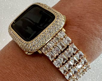 Designer Apple Watch Band Woman Baguette & Radiant Cut Crystals Yellow Gold and or Apple Watch Cover Lab Diamond Bezel 38mm-49mm