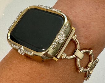 Series 10 Gold Apple Watch Band Womens Bracelet 41mm 45mm & or Apple Watch Case Swarovski Crystals 40mm 44mm Screen Protector Bling