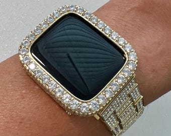 Apple Watch Band Gold Stainless Steel Swarovski Crystals & or Apple Watch Cover 3.5mm Lab Diamond Bezel Smartwatch Bumper Case Iwatch Candy
