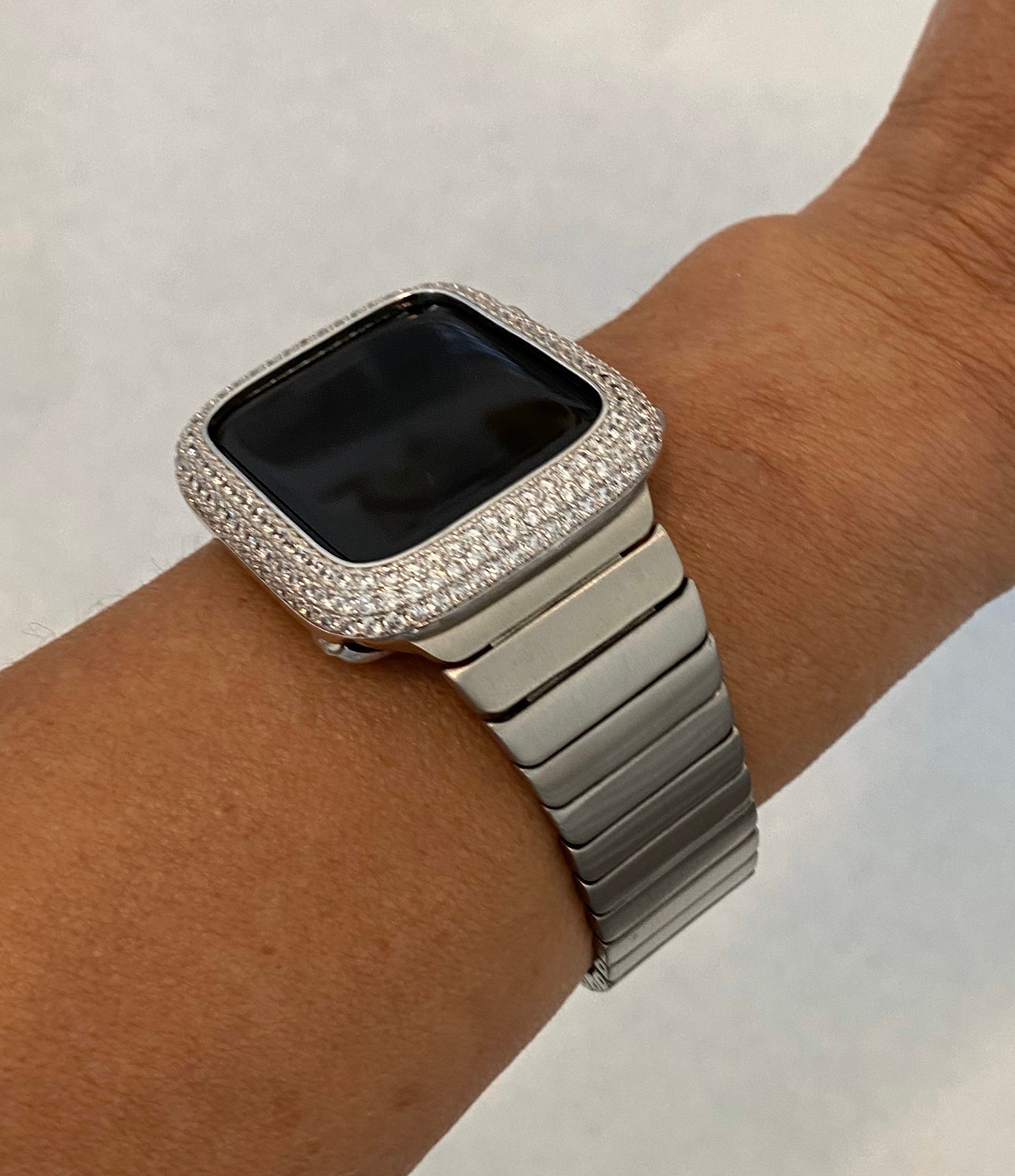 Mens Apple Watch Band Silver 42mm 44mm Stainless Steel and or Lab Diamond Bezel Iwatch Bling