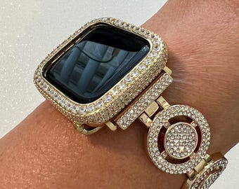 Womens Apple Watch Band Gold Pave Swarovski Crystal 38-49mm & or Apple Watch Cover Lab Diamond Bezel Apple Watch Case Iwatch Candy Bling