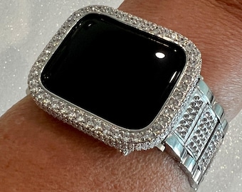 Luxury Apple Watch Band Women Silver Stainless Steel Swarovski Crystals & or Apple Watch Case Lab Diamond Bezel 38mm-49mm Ultra Series 2-10