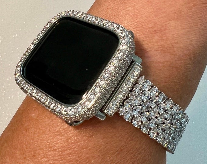 Featured listing image: Designer High End Apple Watch Band Womens Silver Bracelet & or Apple Watch Case Lab Diamond Bezel Iphone Watch Cover Iwatch Candy Bling