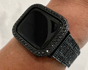 Black Apple Watch Band 38 40 41 42 44 45 49mm Ultra Pave  Crystals & or Lab Diamond Bezel Cover Smart Watch Case Bling Series 1-8