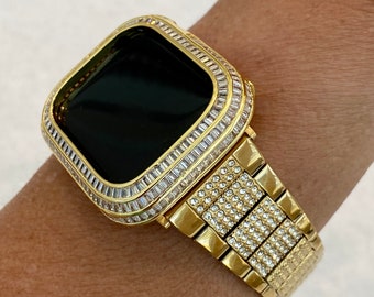 Bling Gold Apple Watch Band 41mm 44mm Stainless Steel & or Apple Watch Cover Lab Diamond Bezel Case 40mm 44mm Iwatch Candy Bling Series 9