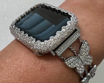 Apple Watch Band 49mm Woman Silver Butterfly Swarovski Crystal & or Apple Watch Case Pave Lab Diamonds Apple Watch Cover Iwatch Candy Bling