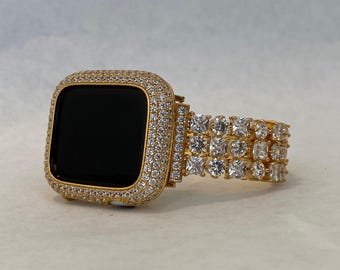 Gold Apple Watch Band Swarovski Crystal 38mm-49mm Ultra & or Apple Watch Cover Lab Diamond Bezel Apple Watch Case Iwatch Candy Bling