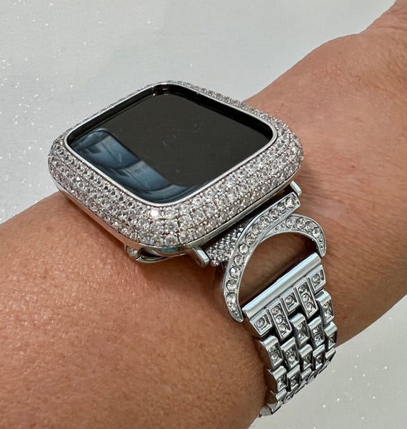 Correa de cristal Swarovski para Apple Watch para mujer, pulsera plateada y  funda para Apple Watch con bisel de diamantes de laboratorio de 38 mm a