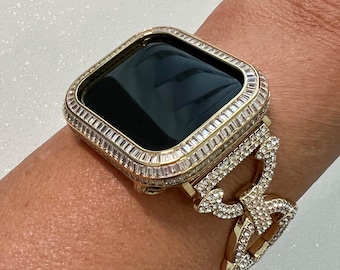 Designer Apple Watch Band Women Yellow Gold Swarovski Crystal & or Custom Apple Watch Cover Baguette Lab Diamond Bezel Case Iwatch Series 10