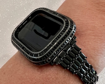 Apple Watch Band Women Designer Crystal Baguette Black 40mm 44mm Series 8 & or Apple Watch Cover Lab Diamond Bezel Iwatch Candy