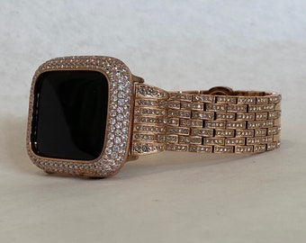 Series 7-8 41mm 45mm Apple Watch Band  Crystals & or Rose Gold Lab Diamond Bezel Smartwatch Bumper Bling 38mm-45mm