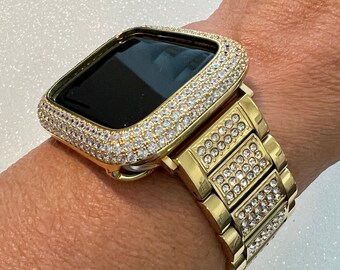 High End Apple Watch Band Gold Stainless Steel Swarovski Crystals & or Apple Watch Cover Lab Diamond Bezel 38mm-49mm Iwatch Case Series 10