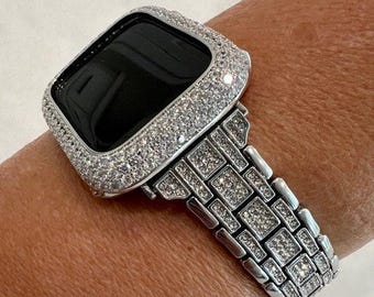 Silver Apple Watch Band Women Swarovski Crystal Stainless Steel & or Apple Watch Cover Lab Diamond Bezel Iwatch Case 38-49mm Ultra Series 10