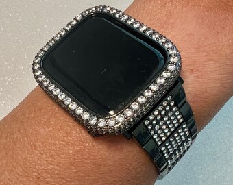 Black Apple Watch Band Swarovski Crystals Stainless Steel & or Apple Watch Case Lab Diamond Apple Watch Cover Iwatch Candy 38-49mm Series 10