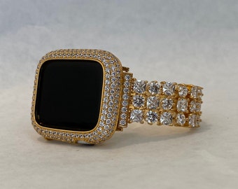 Gold Apple Watch Band Swarovski Crystals 38mm-49mm Ultra & or Apple Watch Cover Lab Diamond Bezel Case Smartwatch Bumper Bling Iwatch Case