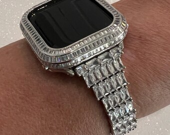 Apple Watch Band Women Designer Swarovski Crystal Baguette Silver 40mm 41mm 44mm 45mm & or Apple Watch Cover Lab Diamond Bezel Iwatch Candy