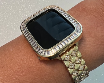 Yellow Gold Apple Watch Band Womens  Crystal Bracelet & or Apple Watch Case Baguette Lab Diamond Bumper Cover Iwatch Candy Bling