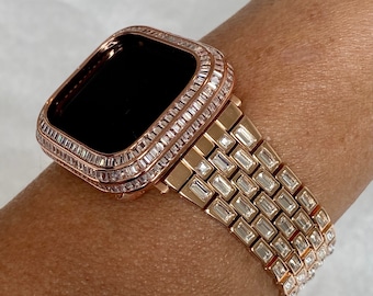 Apple Watch Band 41mm Rose Gold  Crystal Baguettes 40mm-45mm & or Apple Watch Cover Lab Diamond Bezel Smartwatch Case Iwatch Candy