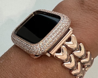 Rose Gold Apple Watch Band Double Row Hearts Bracelet 38mm-49mm, Iwatch band & or Apple Watch Case Baguette Lab Diamond Bezel Cover Gift