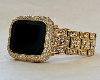 Designer Gold Apple Watch Band Swarovski Crystals Stainless Steel & or Pave Apple Watch Cover Lab Diamond Bezel 38mm-49mm Ultra Series 10