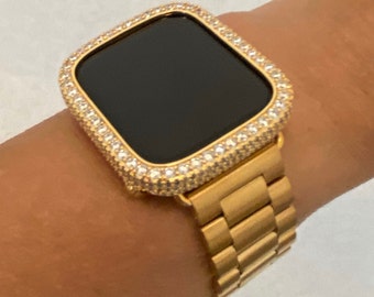 Custom Apple Watch Band Gold Stainless Style 41mm 45mm 49mm Ultra & or Iced Out Lab Diamond Bezel Cover Iwatch Band Series 10 Gift for Him