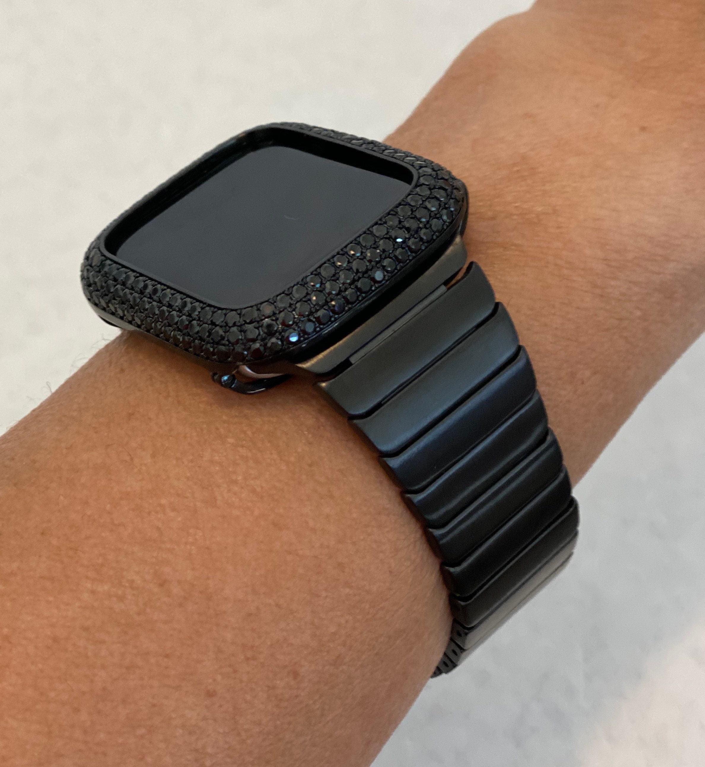 Black Apple Watch Band Mens Stainless Steel Iwatch Cover Lab Diamond Bezel Bling 42mm 44mm