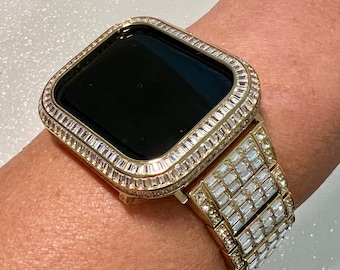 Luxury Apple Watch Band Womens Mens Gold Crystal & or Apple Watch Case Baguette Lab Diamond Bezel Apple Watch Cover Iwatch Candy