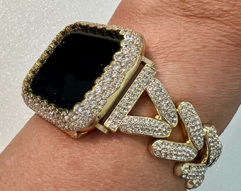 Dangle Heart Apple Watch Band Woman Gold Swarovski Crystal Heart Charm & or Apple Watch Case Lab Diamond Bezel 38mm-49mm Apple Watch Cover