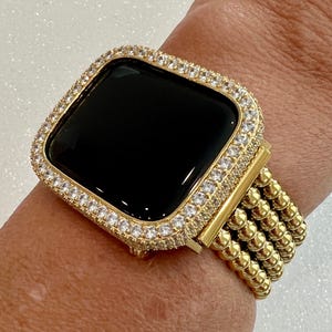 Gold Apple Watch Band Women Four Row Beaded 38mm-49mm Ultra, Iwatch Phone band & or Apple Watch Case Lab Diamond Bezel Cover Gift Series 10