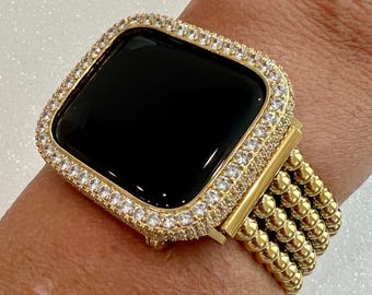 Gold Apple Watch Band Women Four Row Beaded 38mm-49mm Ultra, Iwatch Phone band & or Apple Watch Case Lab Diamond Bezel Cover Gift Series 10