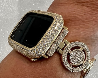 Apple Watch Band Womens Gold Pave Swarovski Crystals & or Apple Watch Cover Smartwatch Bumper Bling 38mm-49mm Series 10 Iwatch Case