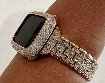 Apple Watch Band Rose Gold Pave Swarovski Crystals Stainless Steel & or Apple Watch Cover Lab Diamond Bezel 38mm-49mm Ultra Iwatch Case