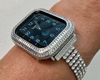 Silver Apple Watch Band Bracelet Women SwarovskiCrystals & or Apple Watch Bezel Lab Diamond Baguette Iwatch Case 40mm 41mm 44mm 45mm Bling