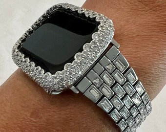 Silver Apple Watch Band Womens  Crystal Baguettes 38mm-49mm Ultra & or Apple Watch Case Lab Diamond Bezel Cover 49mm Ultra