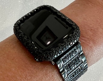 Designer Apple Watch Band Black on Black 38mm 40mm 41mm 42mm 44mm 45mm 49mm  Crystals & or Apple Watch Cover Lab Diamond Bezel Case