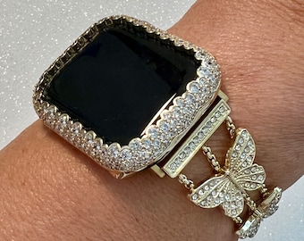 Butterfly Apple Watch Band 49mm Woman Yellow Gold  Crystal & or Apple Watch Case Pave Lab Diamond Bezel Apple Watch Cover Bling