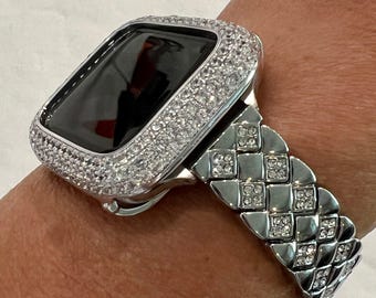 14k White Gold Apple Watch Band Bracelet Silver Stainless Steel Swarovski Crystal & or Apple Watch Cover Lab Diamond Bezel Case Iphone Watch