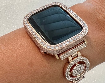 Pave Rose Gold Apple Watch Band Womens  Crystal 38-49mm & or Apple Watch Cover Lab Diamond Bezel Case Iwatch Candy Bling