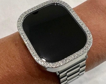 Series 10 Apple Watch Band Silver Stainless Steel Style & or Apple Watch Case Swarovski Crystal Apple Watch Face Protector 38mm-49mm Ultra