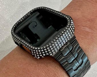 Ultra Apple Watch Band 49mm Black Stainless Steel Band & or Apple Watch Cover Pave Swarovski Crystals Iphone Watch Case Protective Cover