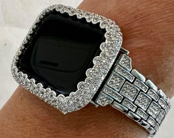 Silver Apple Watch Band Women Swarovski Crystals Stainless Steel & or Apple Watch Cover Lab Diamond Bezel Bling 38mm-49mm Ultra Series 10