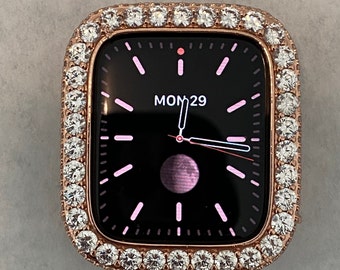 Series 1-8 Rose Gold Apple Watch Series 8 Case Cover 3.5mm Lab Diamond Bezel Bling 38mm to 45mm