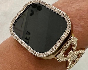 Ultra 49mm Apple Watch Band Gold Swarovski Crystal Bracelet 38mm-46mm & or Apple Watch Cover Iphone Watch Case Protective Bumper Series 10