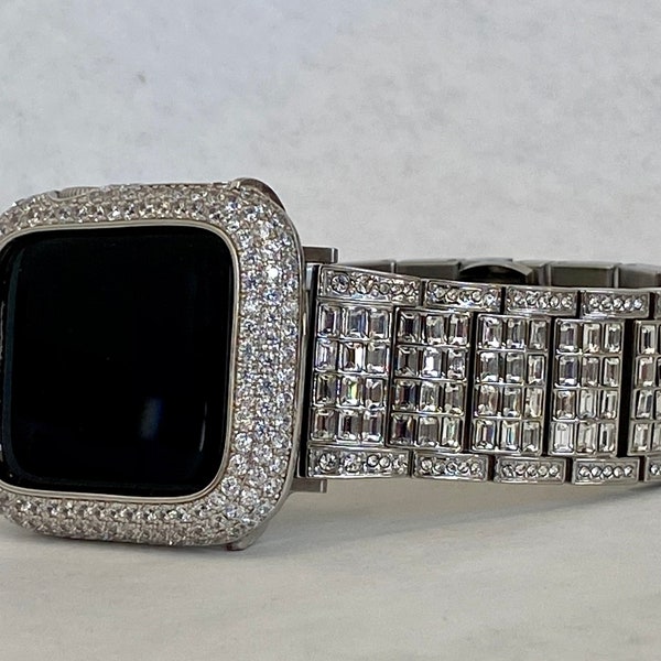 Kundenspezifische Apple Watch Band Silber Bling Swarovski Kristalle Edelstahl & oder Apple Watch Gehäuse Lab Diamant Lünette Iphone Uhr Bling 38 mm-49 mm