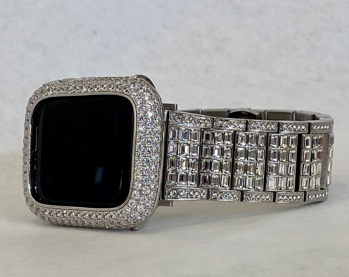 Featured listing image: Custom Apple Watch Band Silver Bling  Crystal & or Apple Watch Case Bezel Lab Diamond Series 2-9 SE 49mm Ultra Iphone Watch Bling