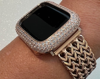 Rose Gold Apple Watch Band Stainless Steel Womens Iphone Watch Bracelet & or Apple Watch Case Lab Diamond Bezel 38mm-49mm Ultra Iwatch Candy