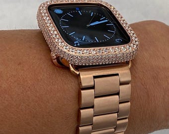 Rose Gold Apple Watch Band Stainless Steel & or Apple Watch Cover Lab Diamond Bezel Apple Watch Face Bumper Bling 38mm-49mm Series 2-10
