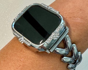 Silver Apple Watch Band Womens Bracelet Minimalist & or Apple Watch Case Swarovski Crystal Tempered Glass Screen Protector Series 10 40-46mm